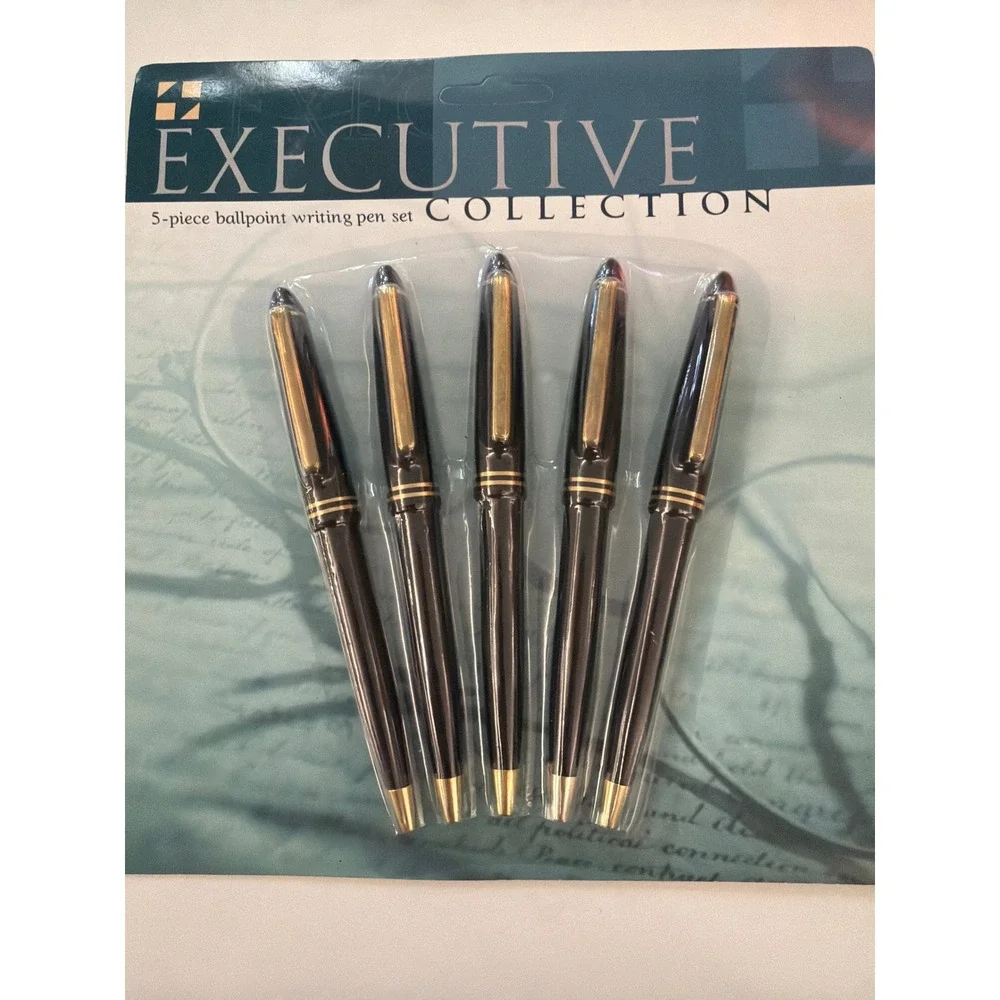 Executive Collection 5 Piece Ballpoint Writing Pen Set Black Gold Tone New NIP